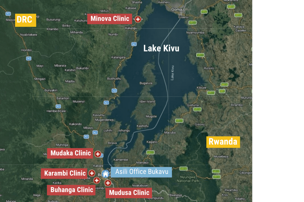 Map showing clinics around Lake Kivu on the Rwanda-DRC border, with colored labels for each clinic (MINOVA, Mudaka, Karambi, etc.). [informative]